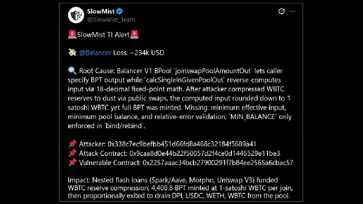 
			В пуле Balancer V1 взломали систему, похитив 234 тыс. долларов &mdash; атака была совершена с использованием уязвимости из того же семейства		